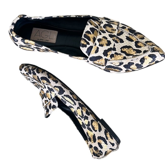 AGL Italy Softy Metallic Gold Leopard Leather Snakeskin Loafers Moccasins 38 / 8 - Picture 6 of 16